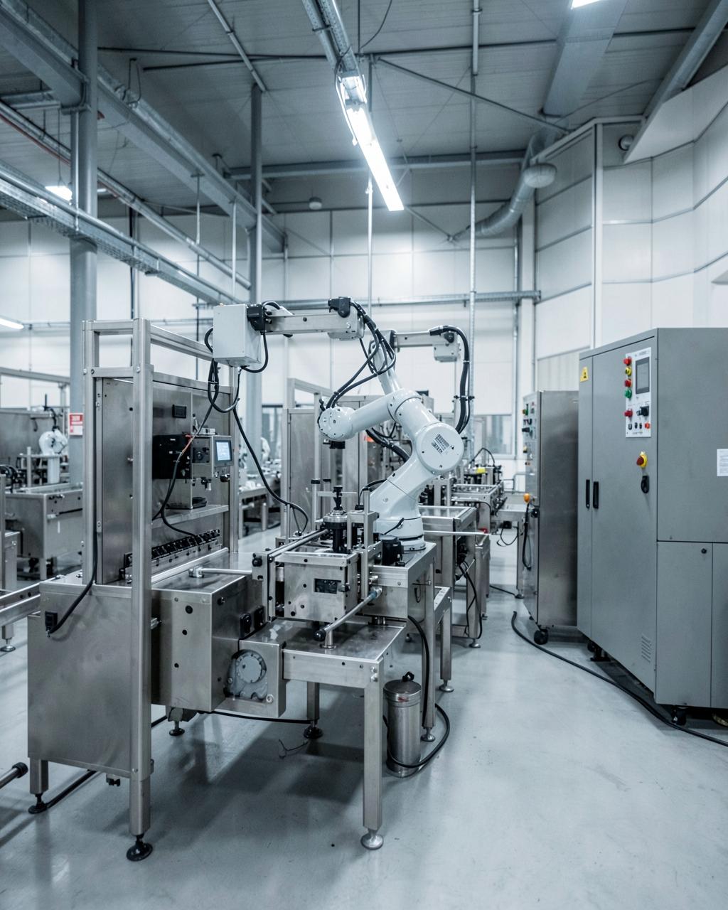 Automatiseret produktionslinje med robotarm og styretavler