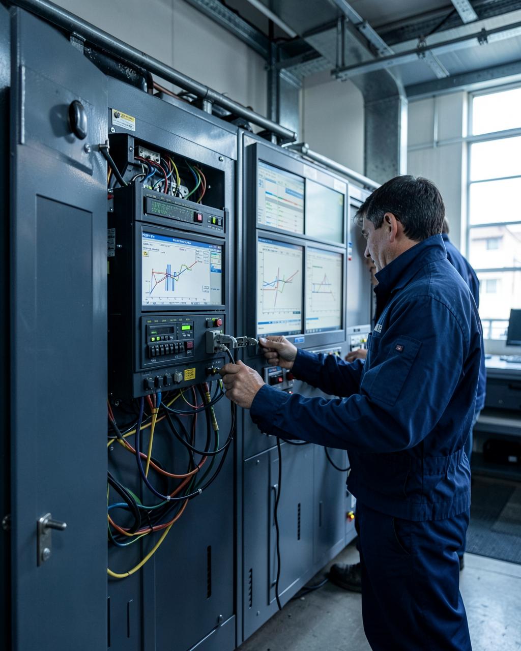 Ingeniør ved styretavle med PLC-kabling og SCADA-skærme